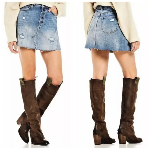 FREE People Denim A-Line Front Button Short Mini Skirt in Blue - Picture 1 of 9